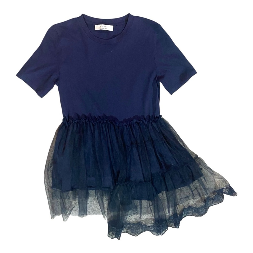Koas Italy Asymmetrical Navy Tulle Dress Lace Trim Sz S
